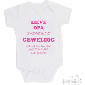 100% katoenen Romper "Lieve opa ik hoorde dat je geweldig bent en ben heel blij dat je mijn opa gaat worden!" Meisjes Katoen Wit/roze Maat 56/62