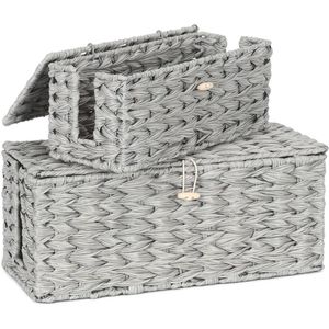 Handgemaakte Rieten Kabeldoos - 2 Stuks met Deksel voor Kabelbeheer, Geschikt voor Kantoor en Thuis, Crème Wit