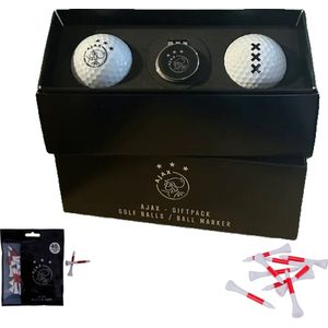 Golfpresentjes- combideal - Ajax Golfcadeau gifset - Ajax Golfballen en Golftees - 2 Ajax Golfballen-Cadeauset incl 1 ball marker-35 houten Ajaxtees met logo - Ajaxfan -golfballen + Ajax Golftees -Golfcadeau-Golfgadget-Golftees