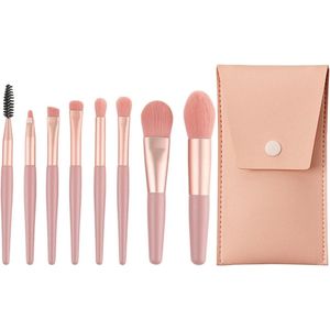 Make-upkwast set voor ogen en gezicht - 8-delige professionele set, primerkwast, rouge, vloeibare foundation - inclusief reiniger en roze leren etui