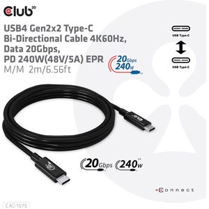 CLUB3D USB4 Gen2x2 Type-C Bi-Directional Cable 4K60Hz, Data 20Gbps, PD 240W(48V/5A) EPR M/M 2m USB IF GECERTIFCIEERD