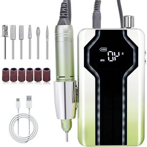 Electric Nail Drill Bit Kit 6 in 1 40000RPM Cordless Manicure - Acrylic Gel & Rechargeable Efile Nail Grinder - 4000mAh - Speed Adjustable Fingernail Drill - Professional Nail Tool - LCD Display - Green