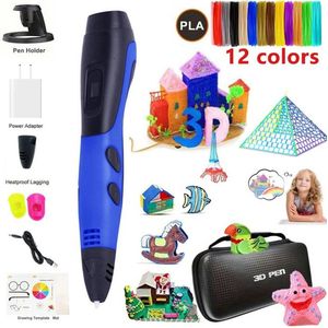 3D-printpen met 12 kleuren PLA-filamentondersteuning ABS/PLA-filament DIY-tekencadeau voor kinderen met LCD-scherm - Blauw