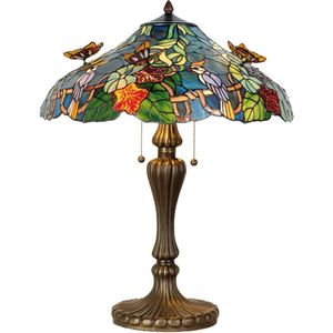 LumiLamp Tiffany Tafellamp Ø 52x65 cm Blauw Groen Glas Driehoek Vlinder Tiffany Bureaulamp