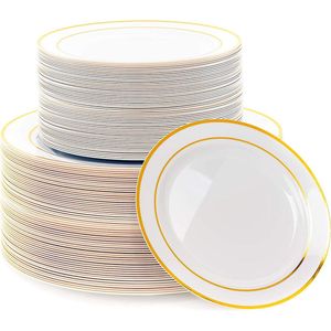 MATANA 120 Herbruikbare Plastic Borden - Wit met Gouden Rand voor Bruiloften, Verjaardagen en Feestjes (2 Maten: 60 x 26 cm, 60 x 19 cm)
