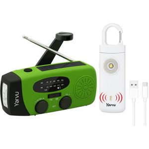 Yarvu ® - 6 IN 1 Noodradio + Persoonlijke Alarm - 3 LED Zaklamp - Opwindbaar + Zonneenergie + Nood Radio Op ingebouwde Batterijen ( Accu ) - Solar Noodpakket - Voor Rampen - Draagbare - FM AM - Licht Groen