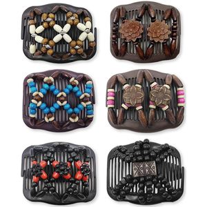 Set van 6 - Dubbele Rij Haarkammen - Houten Kralen - 10,5 x 8 cm - Geschikt voor Krullend Haar