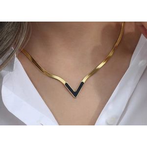 Leerella dames minimalistische goud/zwart visgraat ketting | V-vormige Dames Choker Ketting | Halsketting voor Dames 40 + 6 cm