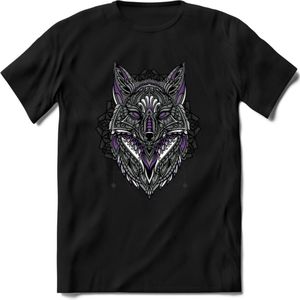 Vos - Dieren Mandala T-Shirt | Paars | Grappig Verjaardag Zentangle Dierenkop Cadeau Shirt | Dames - Heren - Unisex | Wildlife Tshirt Kleding Kado | - Zwart - M