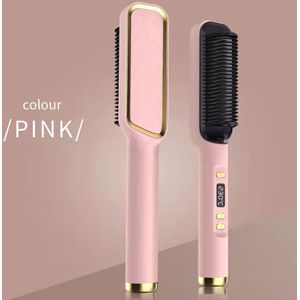 Stijltangborstel, stijltangkam voor dames, stijltangborstel, 4 snelheden, snelle verwarming en dubbele spanning, roze - LCD