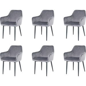 Nuvolix velvet eetkamerstoelen met armleuning set van 6 ""Barcelona"" - stoel met armleuningen - eetkamerstoel - velvet stoel - grijs