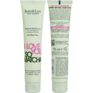 Jean&Len Vegan Handcrème I love you so Matcha | 1x 75 ml | Express Handcrème met Aloë Vera - Vegan Handcrème met Matcha voor normale en droge handen
