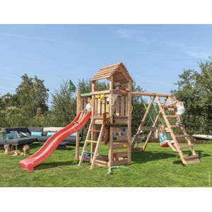 Jungle Gym speeltoestel van douglas hout - Jungle Safari met rode glijbaan - Tuin speeltoestel voor buiten met zandbak, klimnet en schommel