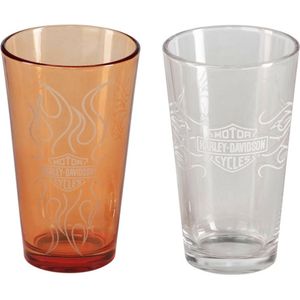 Harley-Davidson Bar & Shield Flames Pintglas Set – 16 oz. Oranje & Doorzichtig