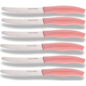 Broodmes, handig ontbijtmes, 6 stuks, van roestvrij staal met gekartelde rand, geschikt voor broodjes, baguette, vaste vruchten en cake, ergonomische handgreep van kunststof, roze