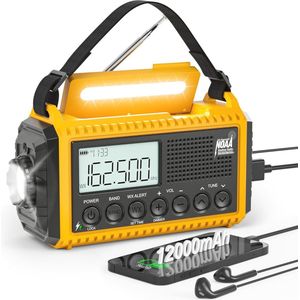 Draagbare Noodweerradio met 12000 mAh Accu en SOS Alarm - Solar, Zwengel en USB-C Oplaadbaar