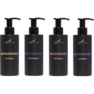 Massageolie Set - Lavendelolie + 100% Amandelolie + Massageolie Neutraal + 100% natuurlijke druivenpitolie - 300 ml per fles - set van 4 stuks