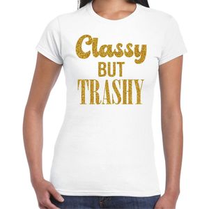 Bellatio Decorations Verkleed T-shirt dames - classy but trashy - wit - glitter goud - fout/goud/stout XS
