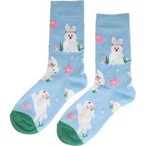 Sokken katoen - konijn print - blauw roze wit - maat 36-43