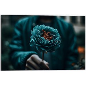 PVC Schuimplaat- Bloem - Hand - Blauw - 60x40 cm Foto op PVC Schuimplaat