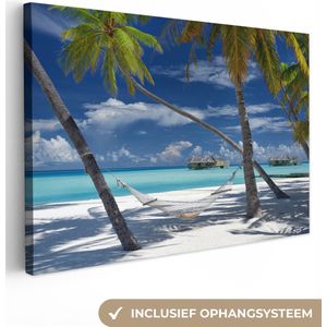 Canvas Strand - Palmboom - Zee - Eiland - Hangmat - 120x80 cm - Muurdecoratie