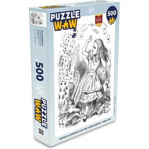 Puzzel Vintage illustratie Alice met speelkaarten - zwart wit - Legpuzzel - Puzzel 500 stukjes