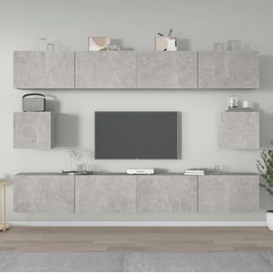 The Living Store TV-meubelset Betongrijs 4x 100x30x30 - 2x 30.5x30x30cm - Wandgemonteerd - Bewerkt hout - Stevig materiaal