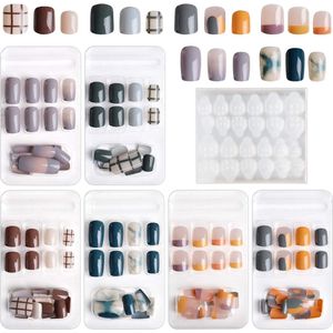 144 stks korte kunstnagels voor dames meisjes, kleurverloop nep nagels korte volledige dekking nep vingernagel met 6 vellen nagellijm sticker, voor vrouwen meisjes nail art diy decoratie - A