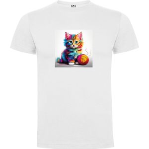 Wit T-Shirt met “ Kleurrijke Kitten met bolletje wol “ Print Full Color Maat 3XL
