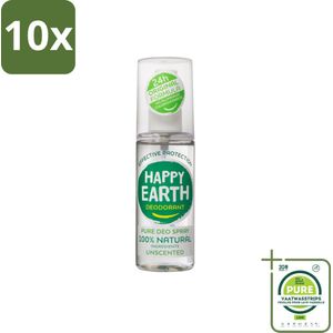 10 x Happy Earth – Deodorant Spray – 100% Natuurlijk Unscented – 100 ml - Grootverpakking - Geurloos Deodorant - Hypoallergene Deodorant - Natuurlijke Deodorant - Deodorant Voor Gevoelige Huid - Mineralen Deodorant