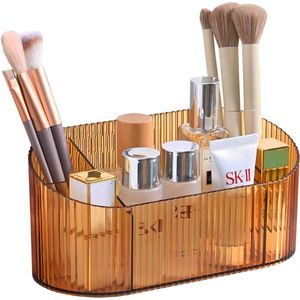 Cosmetische organizer voor make-up, penselenorganizer met 5 compartimenten, cosmetische opbergruimte van acryl met grote capaciteit, borstelhouder, kaptafelorganizer voor penselen, lippenstift en huidverzorging (amber)