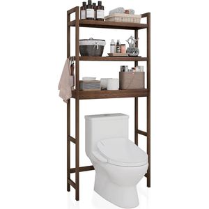 Toiletrek, bamboe wc-rek, verstelbaar wasmachinerek, badkamerrek met 3 legplanken, ruimtebesparend, eenvoudig te monteren, walnoot