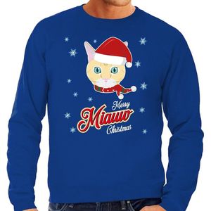 Foute Kersttrui / sweater - Merry Miauw Christmas - kat / poes - blauw voor heren - kerstkleding / kerst outfit L