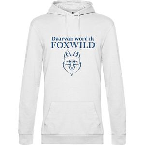 Hoodie met opdruk “Daarvan word ik Foxwild” - Witte hoodie met blauwe opdruk – Goede pasvorm, fijn draag comfort