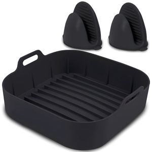 HI NATURE™ Airfryer accessoires - Airfryer siliconen bakje vierkant set inclusief Wanten voor Airfryer XXL - Siliconen ovenschaal BPA Vrij Accessoires Heteluchtfriteuse Bakvormen – Bakpapier Alternatief - Mand Bakvorm - 20 CM (Zwart)