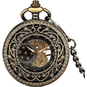 GWS Zakhorloge Mechanisch Skeleton Brons – Met ketting - Mechanisch Steampunk Zakhorloge met handmatige opwinding