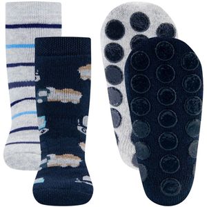 Antislipsokken Ewers Kindermaat - DUOPACK - Donkerblauw & Grijs met Vrachtautos/Kranen & Streepjes - Siliconen Noppen-18/19