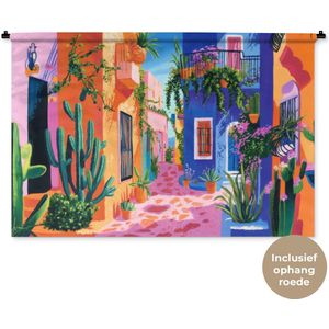 Wandkleed 120x80 cm - Wanddoek Geel - Blauw - Oranje - Huis - Wandtapijt - Wandkleden