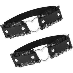 4 stuks kousenband zwart, harnas jarretelhouder dames verstelbaar lederen harnas voor vrouwen jarretelgordel festival rave outfit dames harnas hartvorm kant gothic dijbeen kousenband, zwart, L