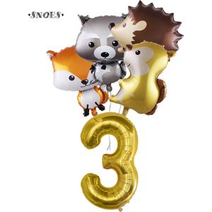 Snoes Ballonnen - Gouden Cijferballon 3 Jaar Set Bosdieren – Dieren Feestpakket - Kinderverjaardag