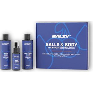 BALZY® Balls & Body 2.0 – 3-in-1 Verzorgingspakket voor Mannen – Intieme Douchegel, Verfrissende Spray en 2-in-1 Haar & Body Wash – Natuurlijk, pH-vriendelijk en Gemaakt in Europa – Cadeauset voor Lichaam & Ballen