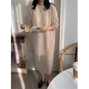 Dames Gebreide O-hals Jurk Herfst Winter 2024 – Casual Oversized Lange Mouw Trui, Rechte Lange Jurk, Zwart / Grijs / Beige Gebreide Jurk, Mode Dames Jurk 2024