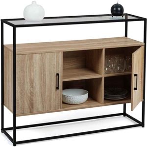 Dressoir met 2 deuren Solano glasplaat en metalen voet industrieel design