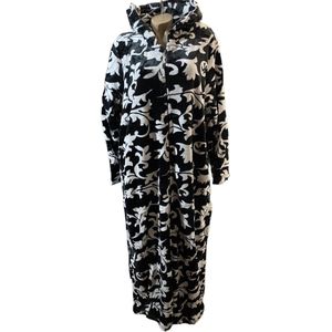 Dames Fleece Badjas extra lang 140CM met Ritssluiting en capuchon XXXL zwart/wit