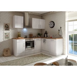 Hoekkeuken 220  cm - complete keuken met apparatuur Anton  - Wit/Wit - soft close - keramische kookplaat - vaatwasser - afzuigkap - oven  - spoelbak