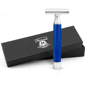 Haryali London Double Edge (DE) veiligheidsscheermes - stevig handvat - metalen en stalen afwerking - herbruikbaar veiligheidsscheermes geschikt voor mannen en vrouwen (blauw)