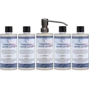 Handzeep White Lotus 500 ml - set van 5 stuks - met gratis RVS zilverkleurige pomp - Voordeelverpakking