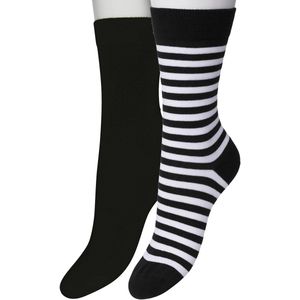 Bonnie Doon Sokken Set Gestreept en Effen voor Dames Zwart/Wit maat 36/42 - Set met 2 paar Sokken - Strepen - Katoenen Sok - Gladde Naden - Brede Boord - Perfecte Pasvorm - 2-pack - Multipack - Black - White - OL041101.142
