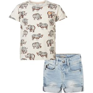 Noppies - Koko Noko - Kledingset - 2delig - Short jeans blauw - Shirt Rowley Oatmeal Melange - Maat 122