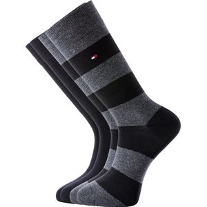 Tommy Hilfiger Rugby Stripe Socks (2-pack) - herensokken katoen gestreept en uni - zwart met grijs - Maat: 39-42